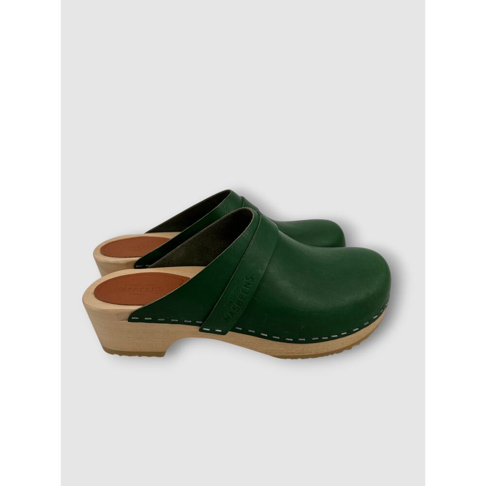 Swedish Hasbeens Green Leather Clogs Wood Platform Mule Clogs Size 38 - Picture 9 of 9